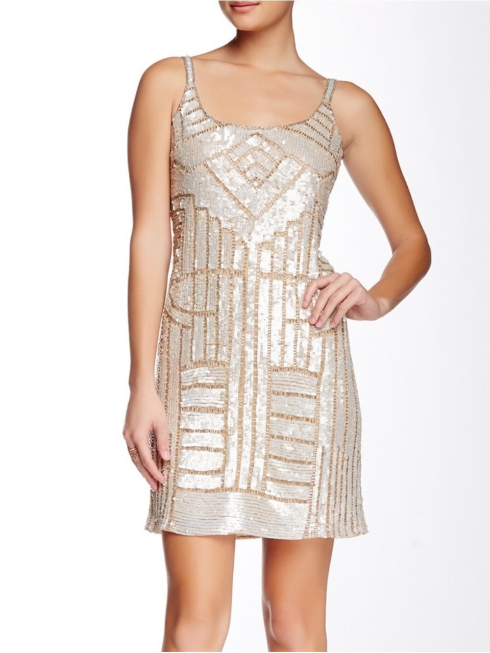 Adrianna Papell Gold Sequin Geo-Pattern Mini Dress